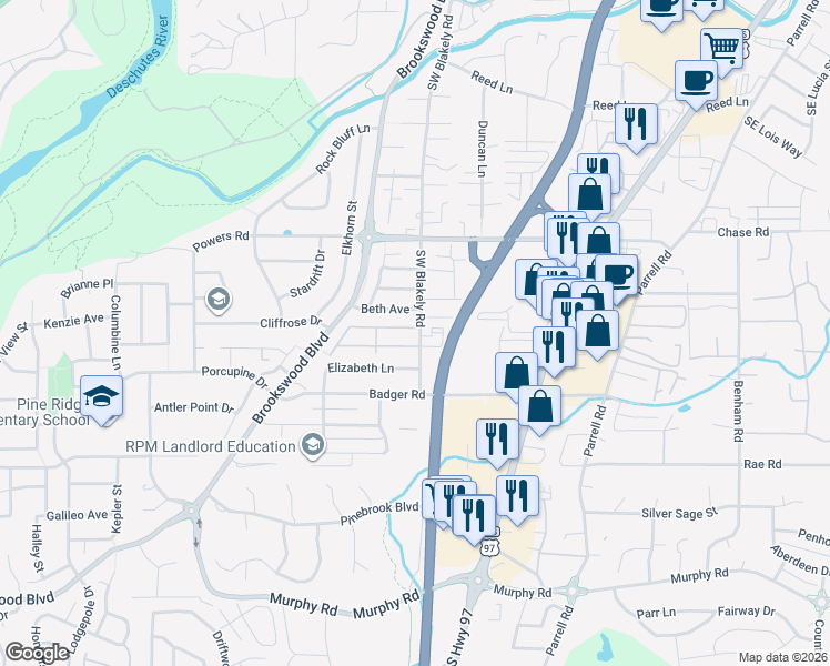 map of restaurants, bars, coffee shops, grocery stores, and more near 20080 Mount Hope Lane in Bend
