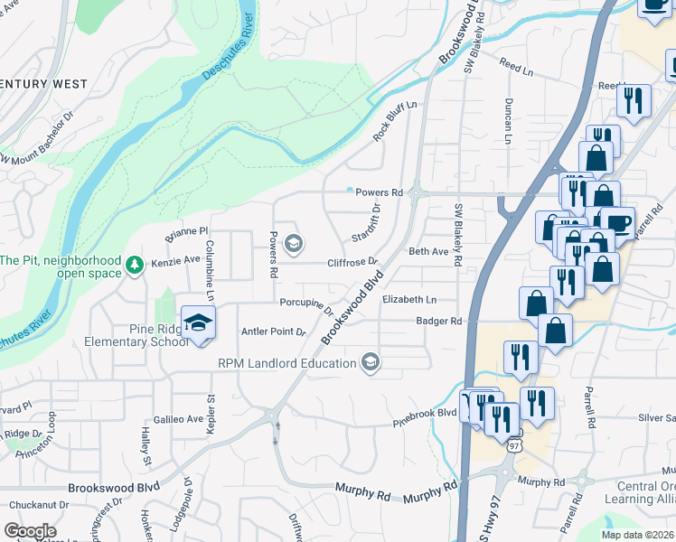 map of restaurants, bars, coffee shops, grocery stores, and more near 19963 Cliffrose Drive in Bend