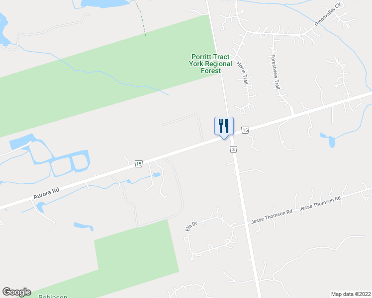map of restaurants, bars, coffee shops, grocery stores, and more near Aurora Road in Newmarket