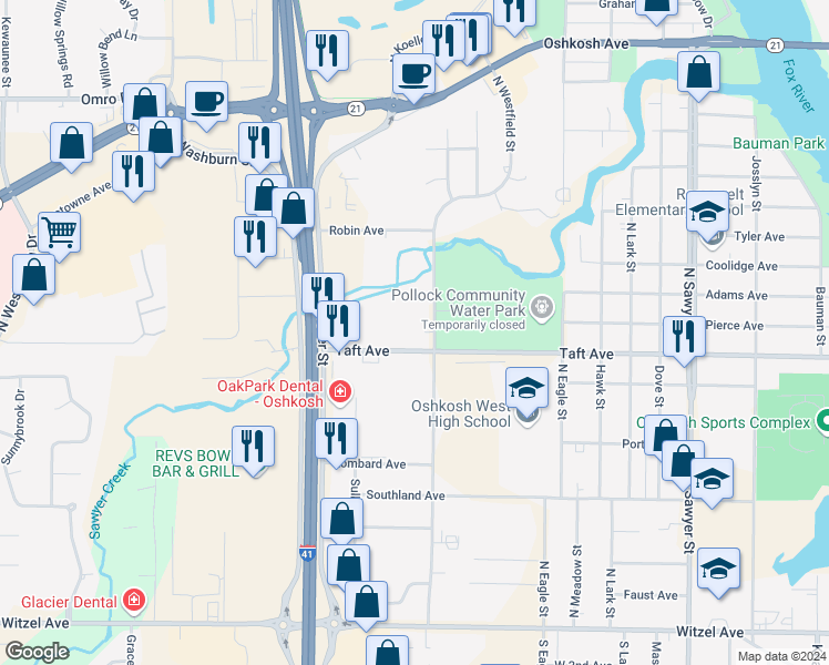 map of restaurants, bars, coffee shops, grocery stores, and more near 705 North Westfield Street in Oshkosh