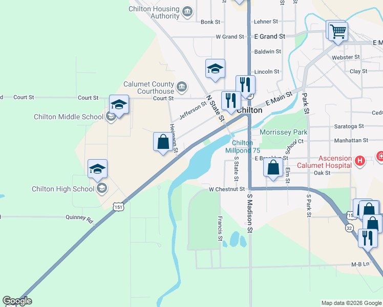 map of restaurants, bars, coffee shops, grocery stores, and more near 151 West Main Street in Chilton