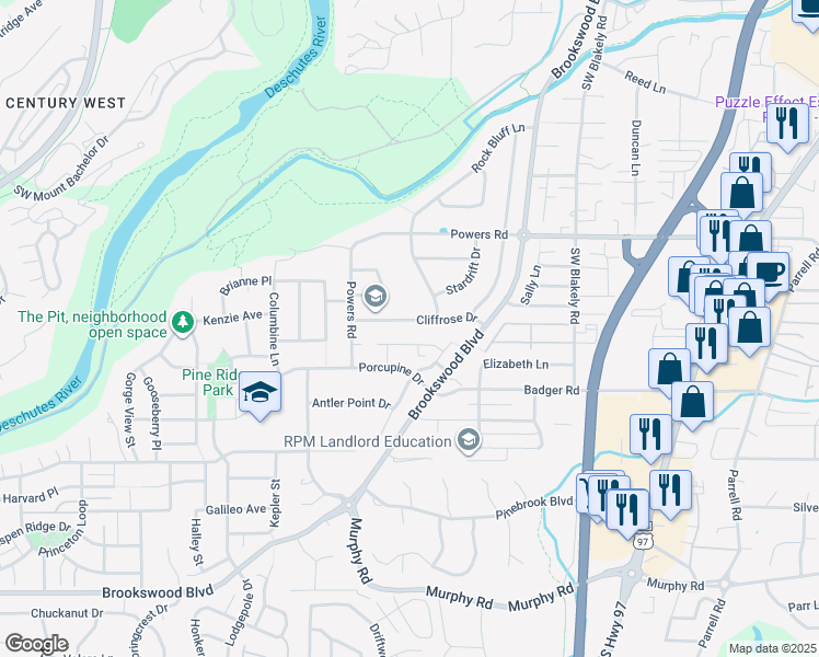 map of restaurants, bars, coffee shops, grocery stores, and more near 19951 Cliffrose Drive in Bend