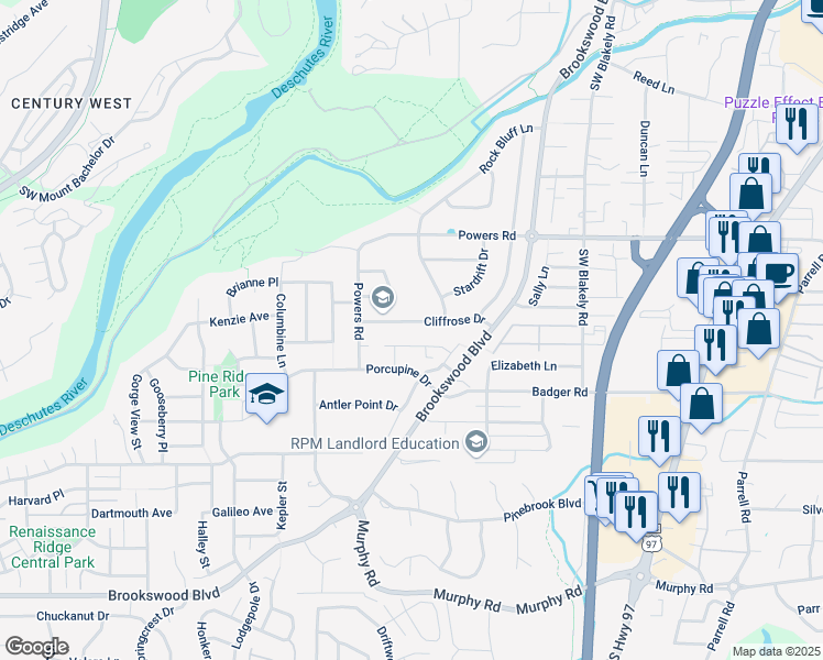 map of restaurants, bars, coffee shops, grocery stores, and more near 19947 Cliffrose Drive in Bend