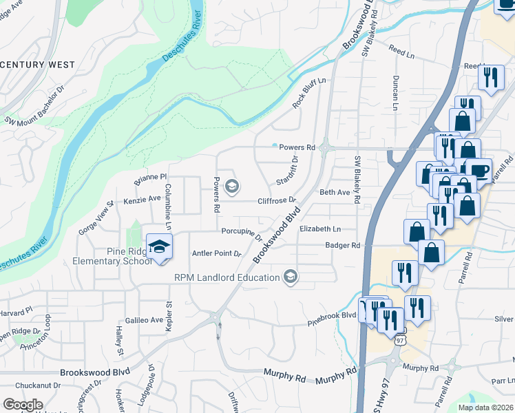 map of restaurants, bars, coffee shops, grocery stores, and more near 19955 Cliffrose Drive in Bend