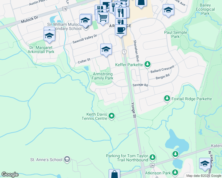 map of restaurants, bars, coffee shops, grocery stores, and more near 70 Shoniker Drive in Newmarket