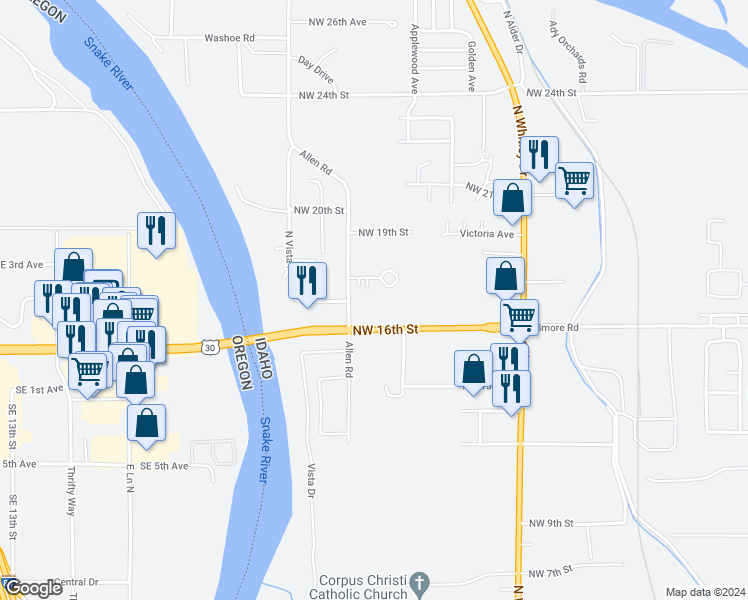map of restaurants, bars, coffee shops, grocery stores, and more near Northwest 18th Street in Fruitland