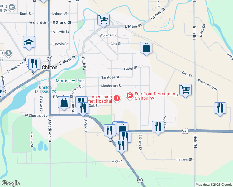 map of restaurants, bars, coffee shops, grocery stores, and more near 414 East Brooklyn Street in Chilton
