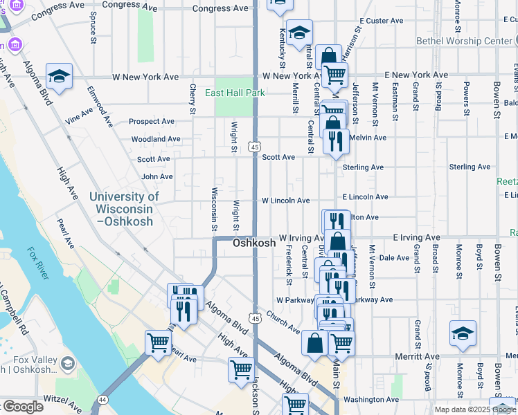 map of restaurants, bars, coffee shops, grocery stores, and more near 746 Jackson Street in Oshkosh