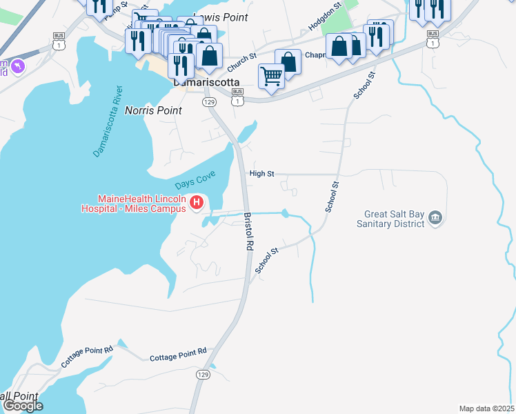 map of restaurants, bars, coffee shops, grocery stores, and more near 122 Bristol Road in Damariscotta