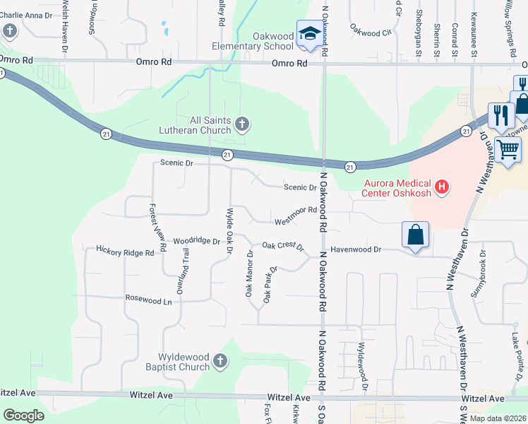 map of restaurants, bars, coffee shops, grocery stores, and more near 2870 Westmoor Court in Oshkosh