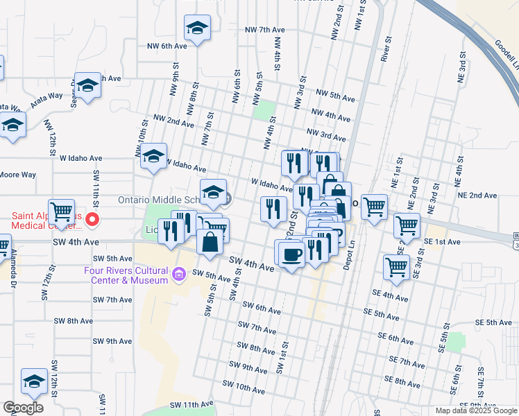 map of restaurants, bars, coffee shops, grocery stores, and more near 407 Southwest 1st Avenue in Ontario