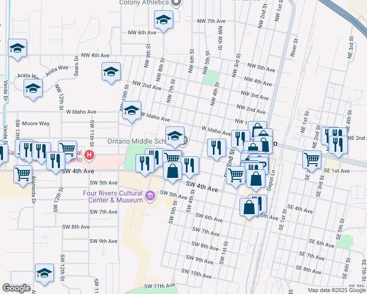 map of restaurants, bars, coffee shops, grocery stores, and more near 573 Southwest 2nd Avenue in Ontario