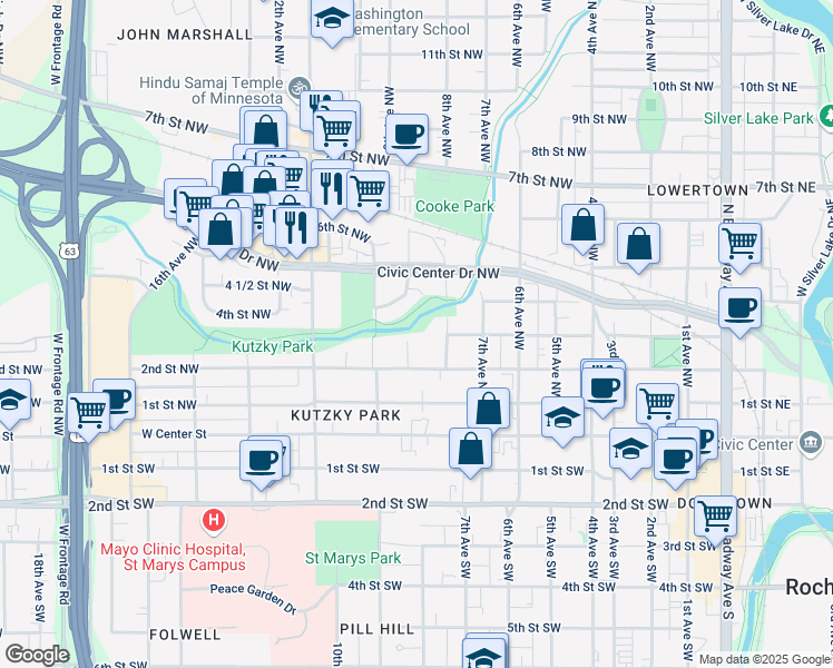 map of restaurants, bars, coffee shops, grocery stores, and more near 226 8 1/2 Avenue Northwest in Rochester