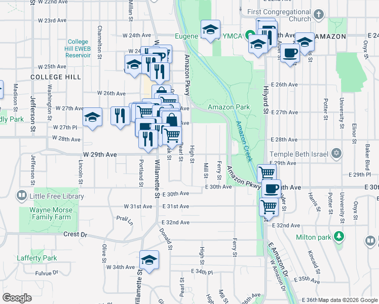 map of restaurants, bars, coffee shops, grocery stores, and more near 295 East 29th Avenue in Eugene