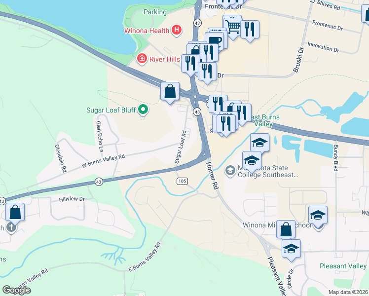map of restaurants, bars, coffee shops, grocery stores, and more near 1160 Sugar Loaf Road in Winona