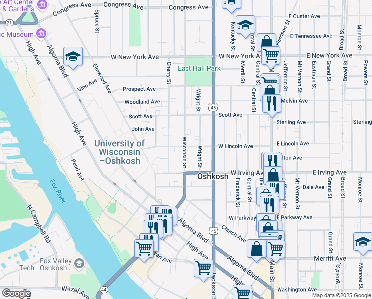map of restaurants, bars, coffee shops, grocery stores, and more near 525 West Lincoln Avenue in Oshkosh
