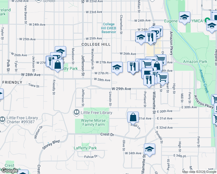 map of restaurants, bars, coffee shops, grocery stores, and more near 315 West 29th Avenue in Eugene