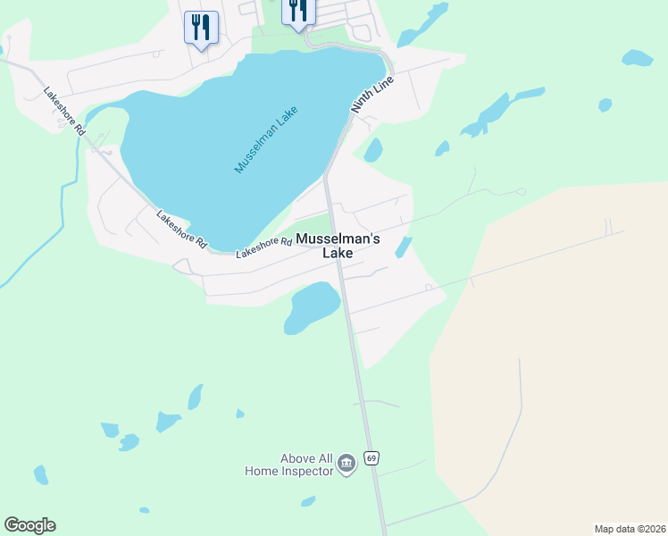 map of restaurants, bars, coffee shops, grocery stores, and more near in Musselman's Lake