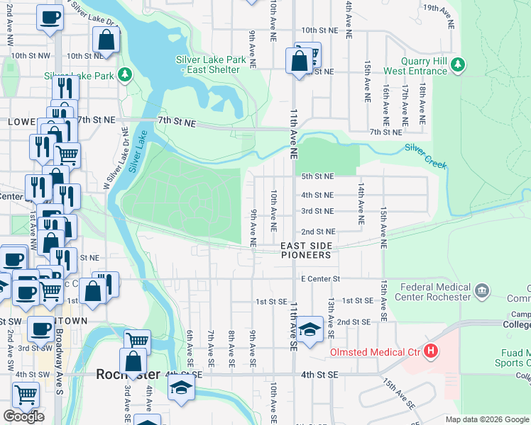 map of restaurants, bars, coffee shops, grocery stores, and more near 306 9th Avenue Northeast in Rochester