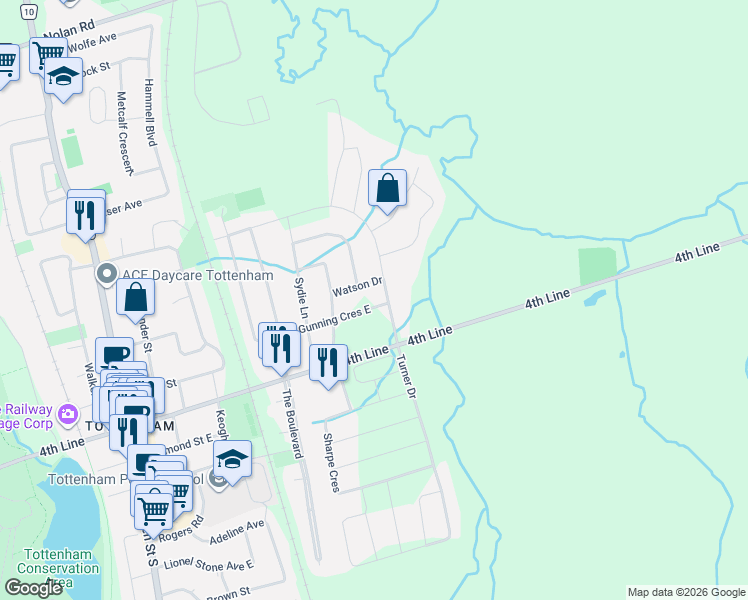 map of restaurants, bars, coffee shops, grocery stores, and more near 14 Jackson Drive in New Tecumseth
