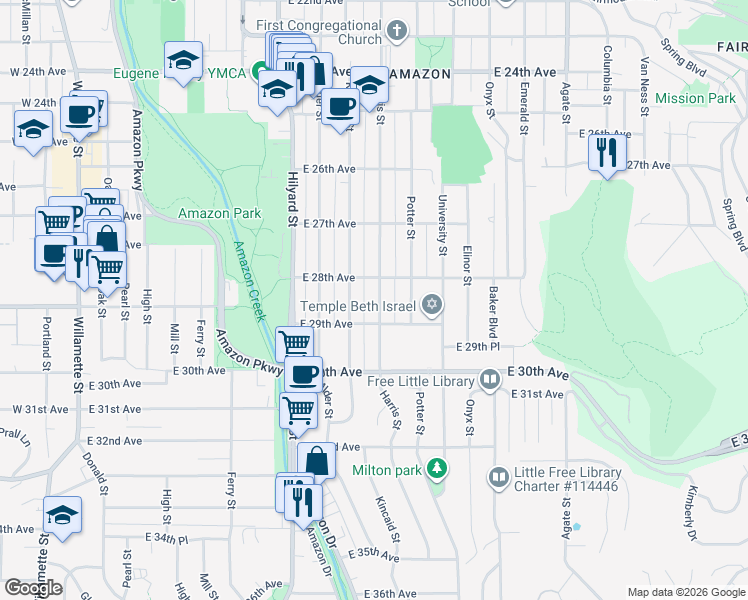 map of restaurants, bars, coffee shops, grocery stores, and more near 2830 Harris Street in Eugene