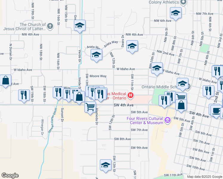 map of restaurants, bars, coffee shops, grocery stores, and more near 1196 Southwest 2nd Avenue in Ontario