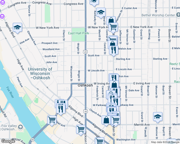 map of restaurants, bars, coffee shops, grocery stores, and more near 303 West Lincoln Avenue in Oshkosh