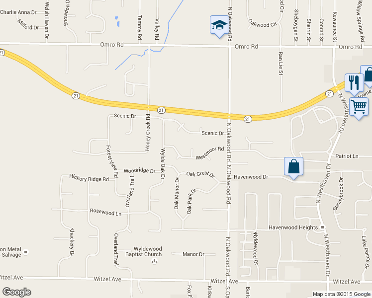 map of restaurants, bars, coffee shops, grocery stores, and more near 2870 Westmoor Ct in Oshkosh