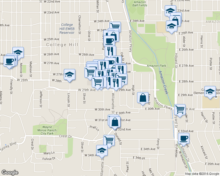 map of restaurants, bars, coffee shops, grocery stores, and more near 2890 Willamette Street in Eugene