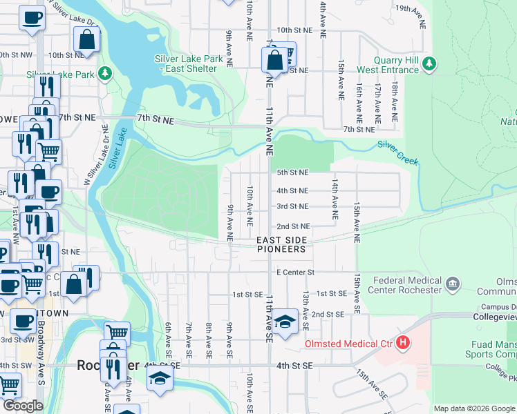 map of restaurants, bars, coffee shops, grocery stores, and more near 1003 3rd Street Northeast in Rochester