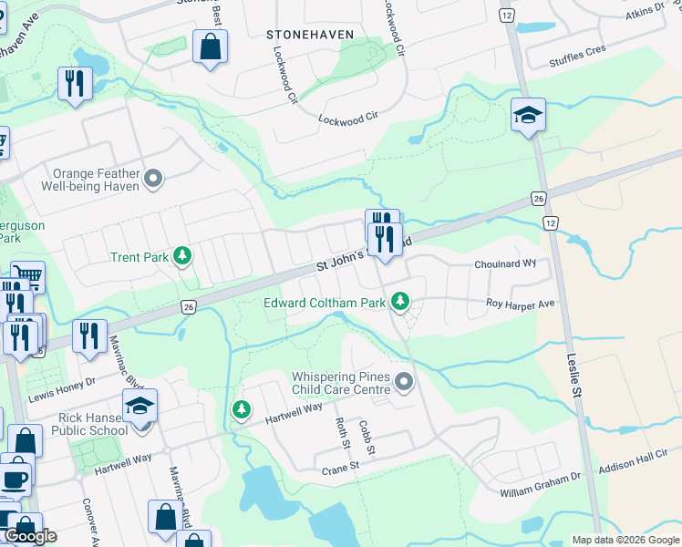 map of restaurants, bars, coffee shops, grocery stores, and more near 49 Rothwell Street in Aurora