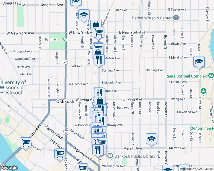 map of restaurants, bars, coffee shops, grocery stores, and more near 756 Jefferson Street in Oshkosh