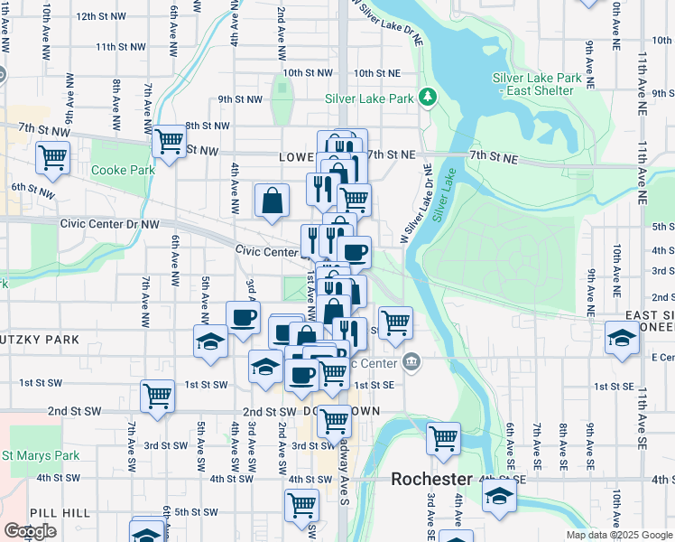 map of restaurants, bars, coffee shops, grocery stores, and more near 301 North Broadway Avenue in Rochester