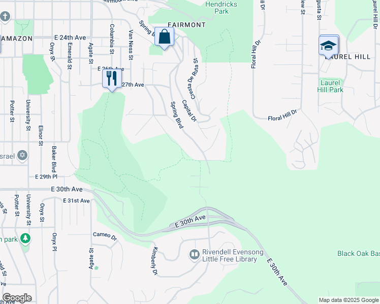 map of restaurants, bars, coffee shops, grocery stores, and more near 2865 Central Boulevard in Eugene