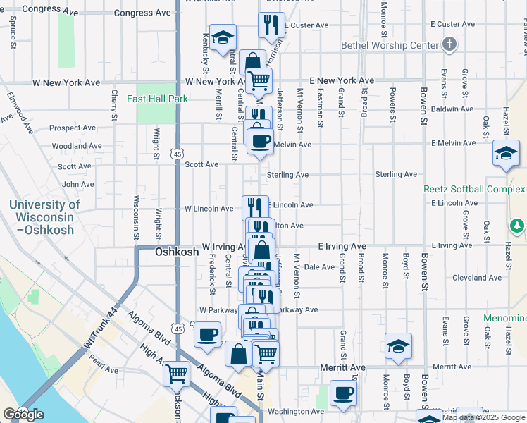 map of restaurants, bars, coffee shops, grocery stores, and more near 754 North Main Street in Oshkosh