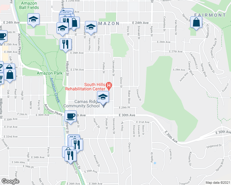 map of restaurants, bars, coffee shops, grocery stores, and more near 2825 University Street in Eugene