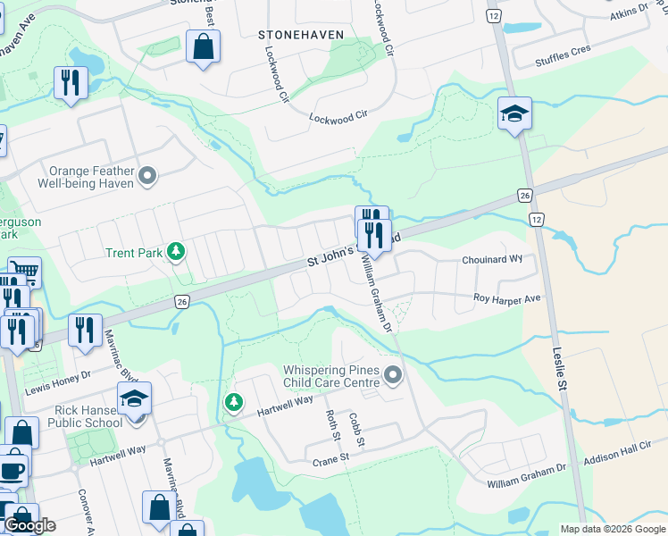 map of restaurants, bars, coffee shops, grocery stores, and more near 49 Rothwell Street in Aurora