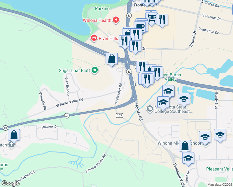map of restaurants, bars, coffee shops, grocery stores, and more near 1161 Sugar Loaf Road in Winona