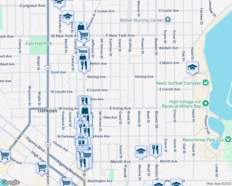 map of restaurants, bars, coffee shops, grocery stores, and more near 319 East Lincoln Avenue in Oshkosh