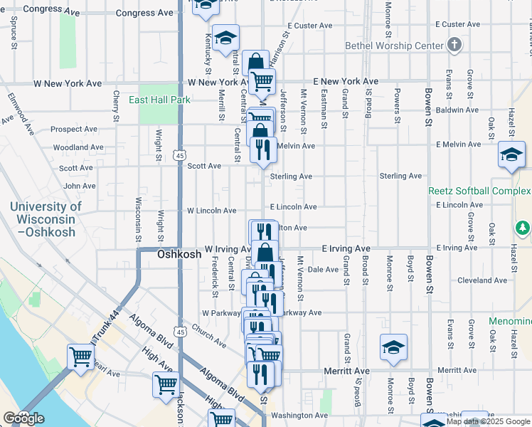 map of restaurants, bars, coffee shops, grocery stores, and more near 754 North Main Street in Oshkosh
