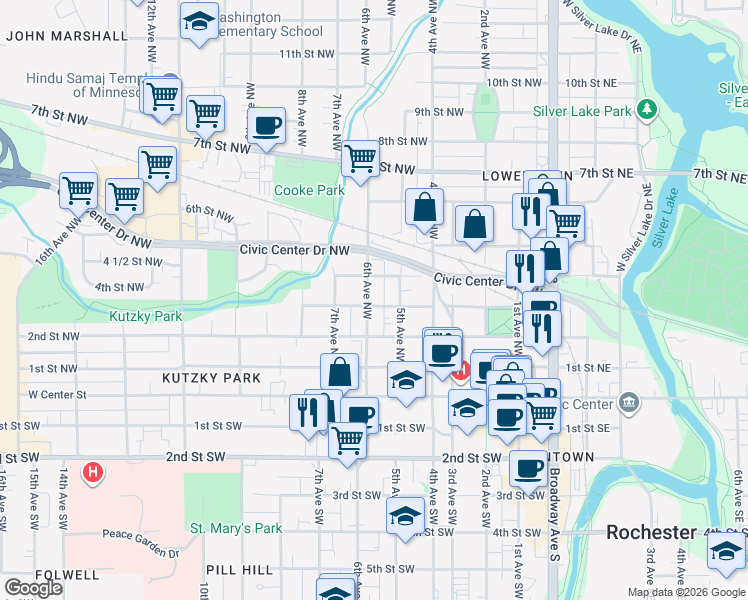 map of restaurants, bars, coffee shops, grocery stores, and more near 521 3rd Street Northwest in Rochester