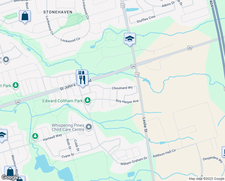 map of restaurants, bars, coffee shops, grocery stores, and more near 45 Constable Street in Aurora