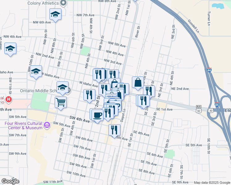 map of restaurants, bars, coffee shops, grocery stores, and more near 94 W Idaho Ave in Ontario
