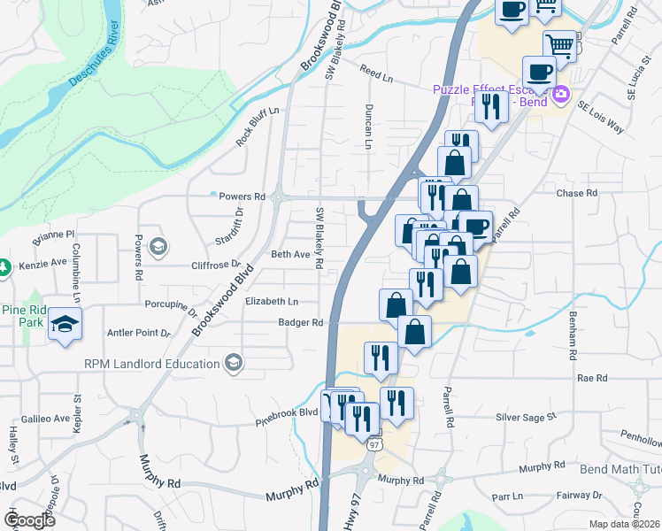 map of restaurants, bars, coffee shops, grocery stores, and more near 61300 Blakely Road in Bend