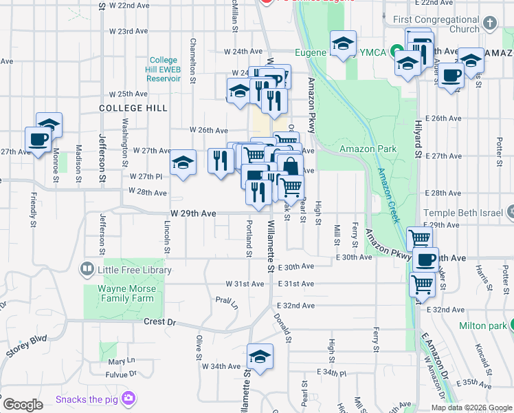 map of restaurants, bars, coffee shops, grocery stores, and more near 2890 Willamette Street in Eugene