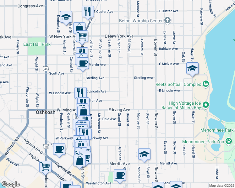 map of restaurants, bars, coffee shops, grocery stores, and more near 319 East Lincoln Avenue in Oshkosh