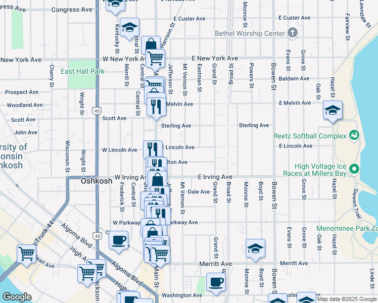 map of restaurants, bars, coffee shops, grocery stores, and more near 217 East Lincoln Avenue in Oshkosh