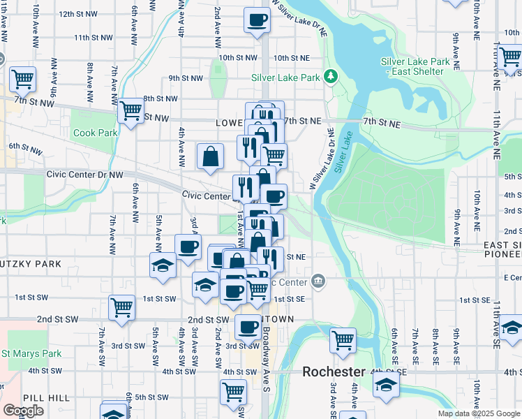 map of restaurants, bars, coffee shops, grocery stores, and more near 5 3rd Street Northwest in Rochester