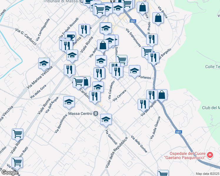 map of restaurants, bars, coffee shops, grocery stores, and more near 16 Via Canaletto in Massa