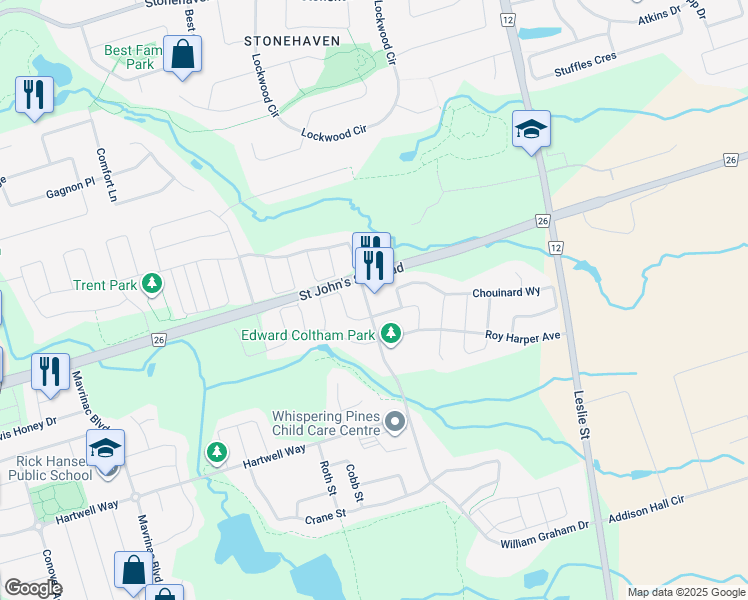 map of restaurants, bars, coffee shops, grocery stores, and more near 55 William Graham Drive in Newmarket